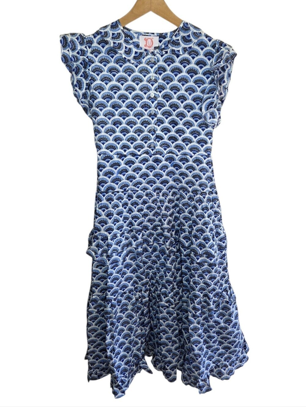 Victoria Dunn Blue White Fan Shell Print Midi Dress Size XS Flutter Sleeves